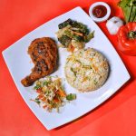 Fried chicken with fried rice and salad